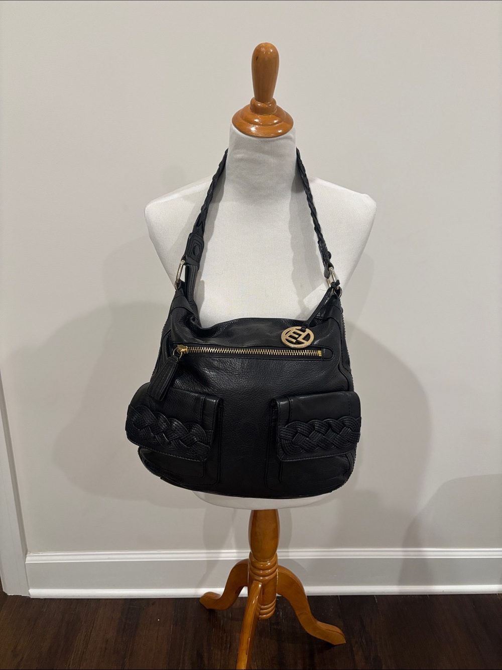 Elliott Lucca Black Pebbled Leather Shoulder Bag with Gold Charm